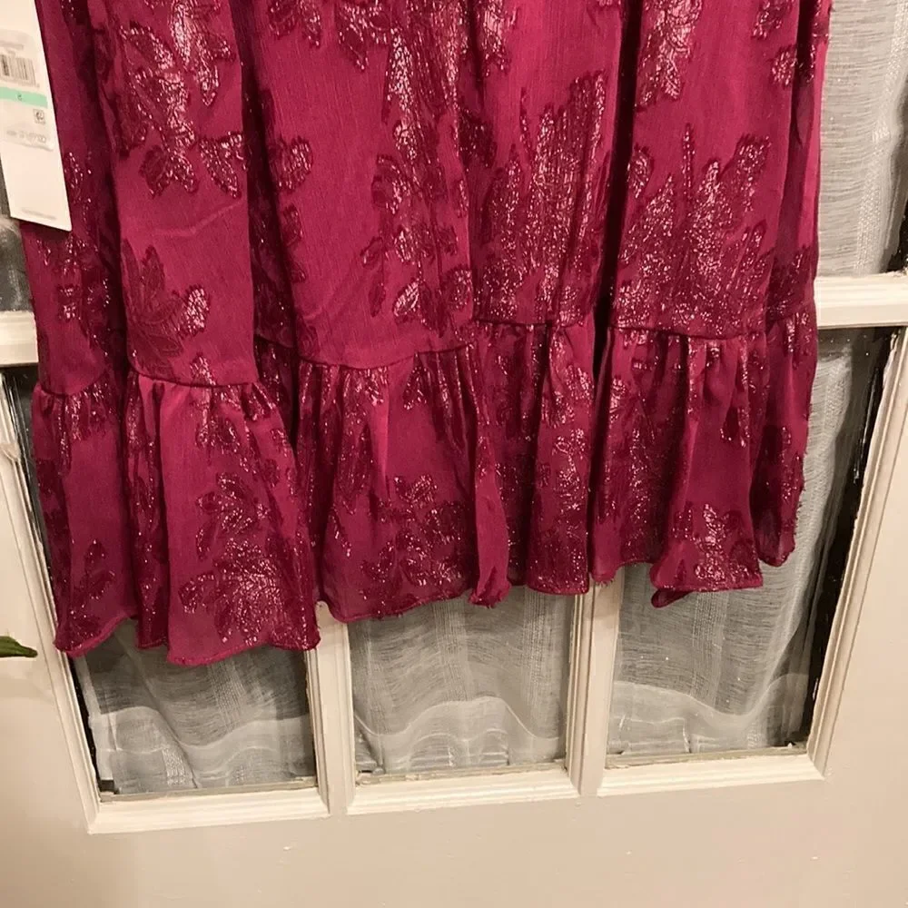 NWT Calvin Klein Burgundy and Silver Metallic Floral Dress